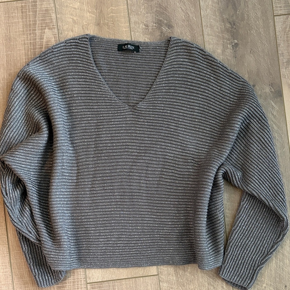 Lauren Ralph Lauren Women's Ribbed V-Neck Sweater Pewter